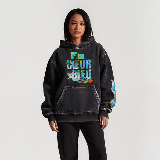 Sweat à capuche Unisexe Coupe Large effet Lavé - "Le Cœur Bleu"